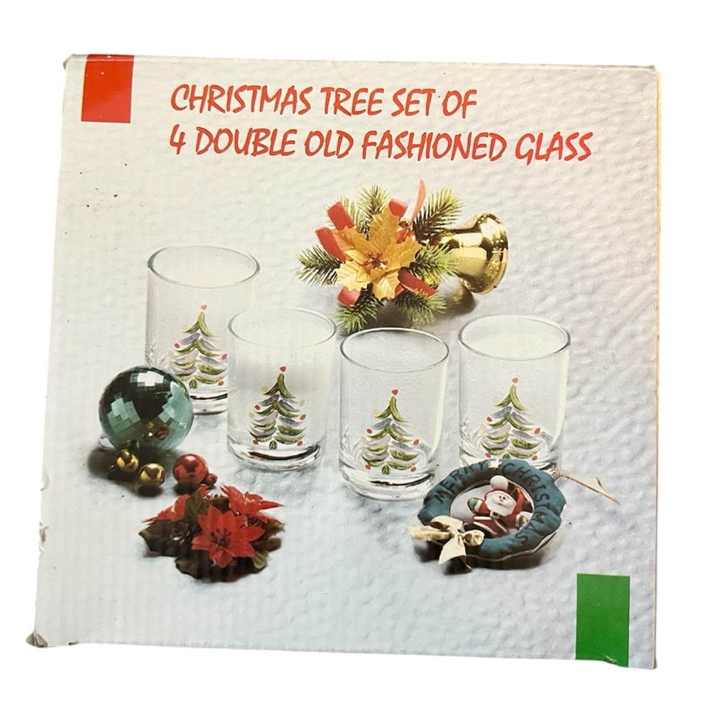NEW Christmas Set of 4 Double Old Fashioned Glasses Christmas Tree Glass